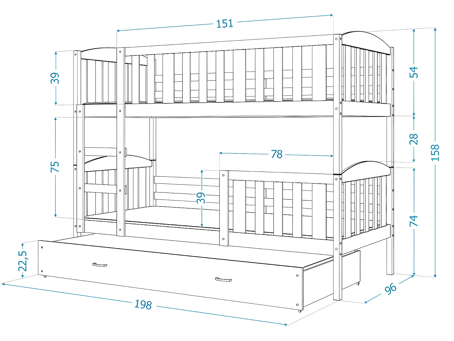 Lit  superposé  LUNA 90X190 cm - 2 Matelas , 2 Sommiers et Tiroir inclus Pin