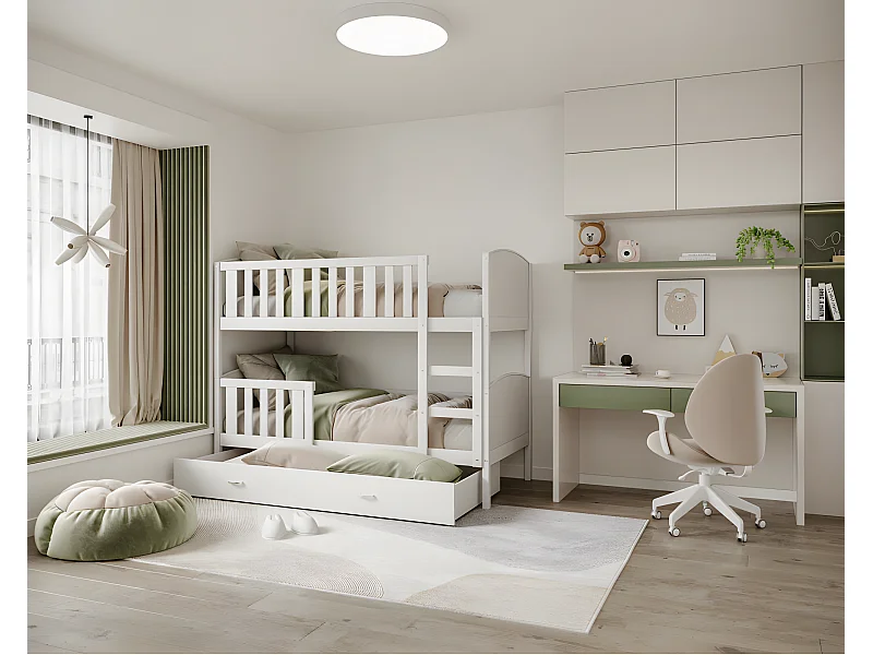 Lit  superposé  Tedy 90X190 cm - 2 Matelas , 2 Sommiers et Tiroir inclus Blanc