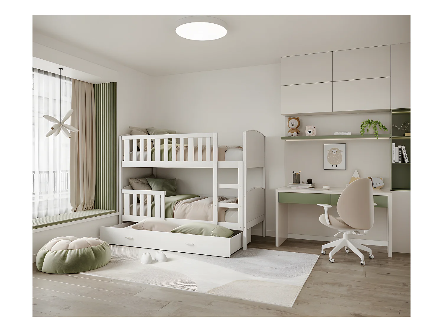 Lit  superposé  Tedy 90X190 cm - 2 Matelas , 2 Sommiers et Tiroir inclus Blanc