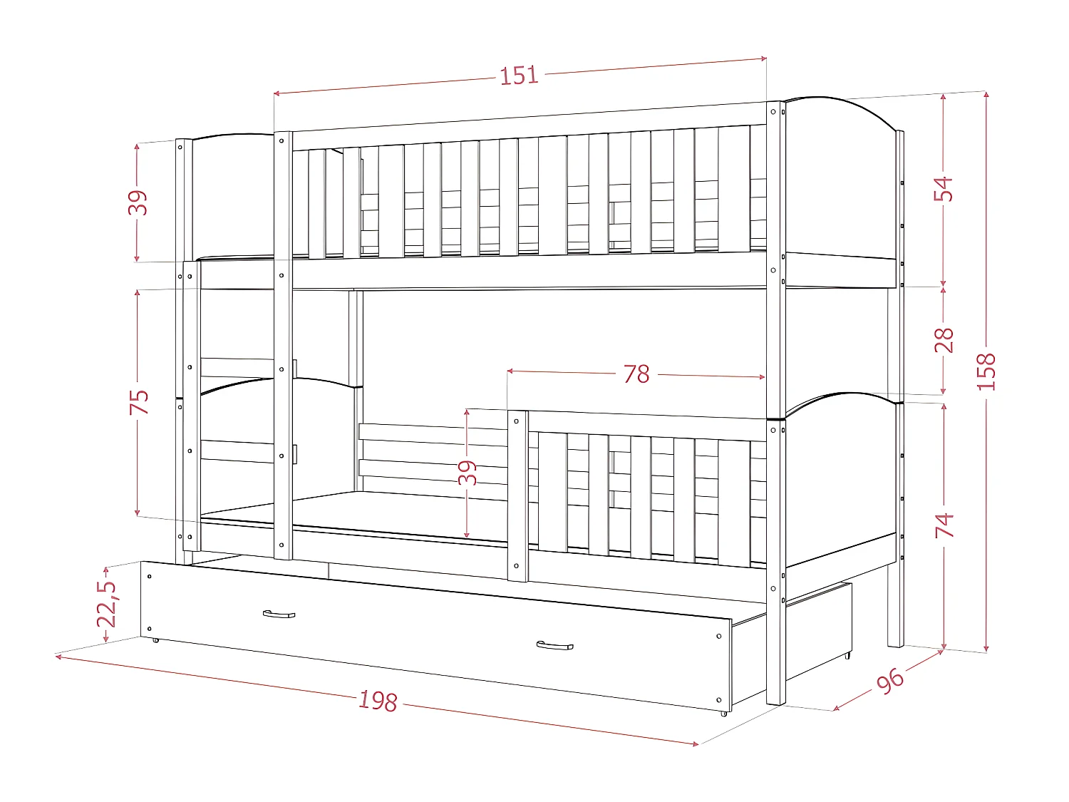 Lit  superposé  Tedy 90X190 cm - 2 Matelas , 2 Sommiers et Tiroir inclus Blanc