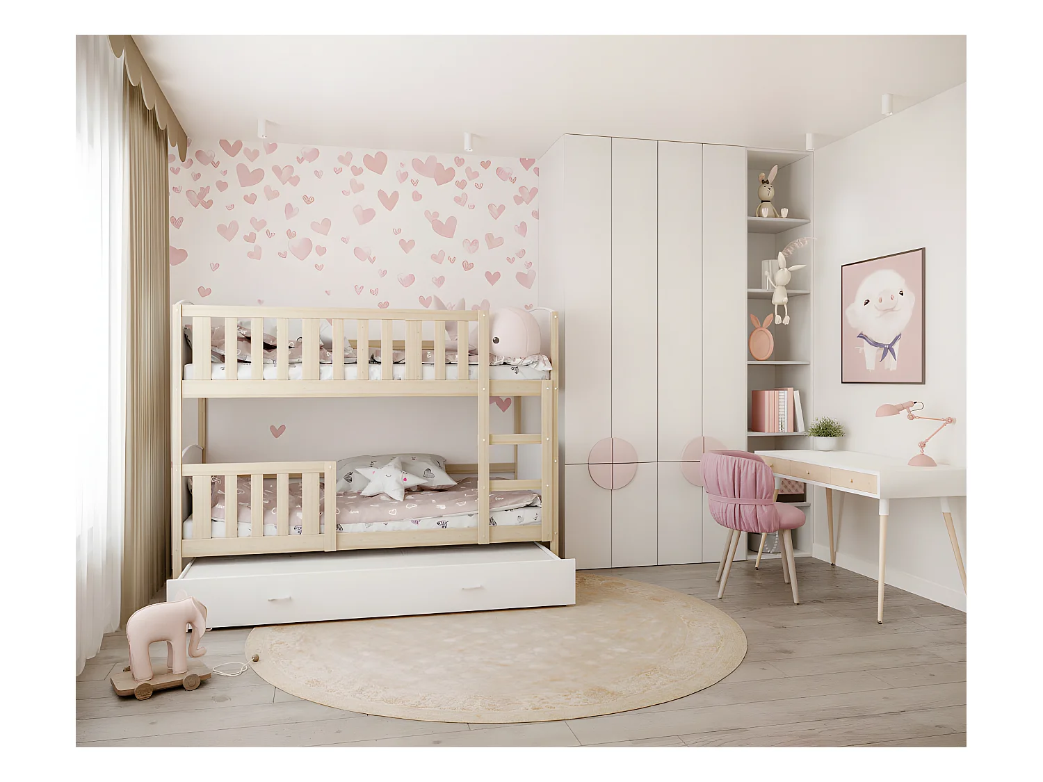 Lit  superposé  Tedy 90X190 cm - 2 Matelas , 2 Sommiers et Tiroir inclus Pin - Blanc