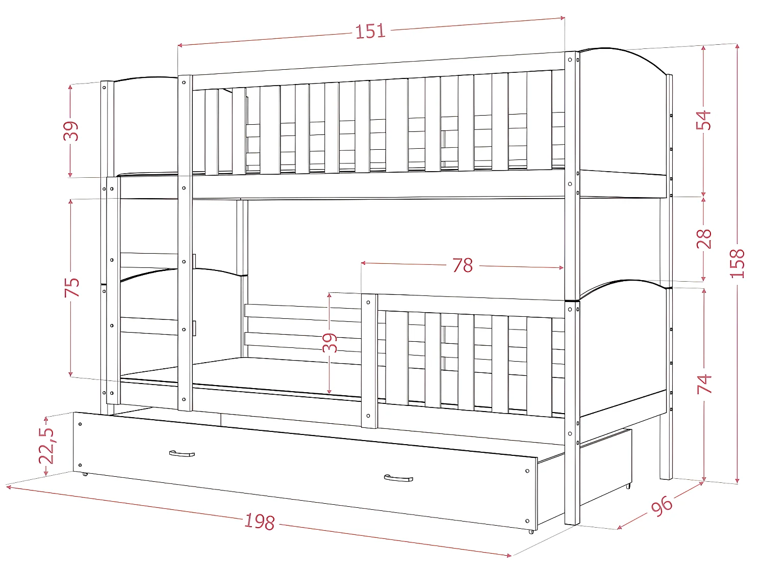 Lit  superposé  Tedy 90X190 cm - 2 Matelas , 2 Sommiers et Tiroir inclus Pin - Blanc
