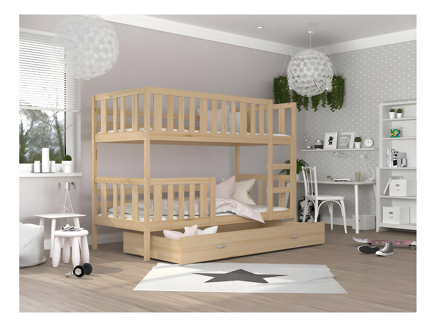 Lit  superposé enfant NEMO 90X190 cm -  2 Sommiers et Tiroir inclus Pin