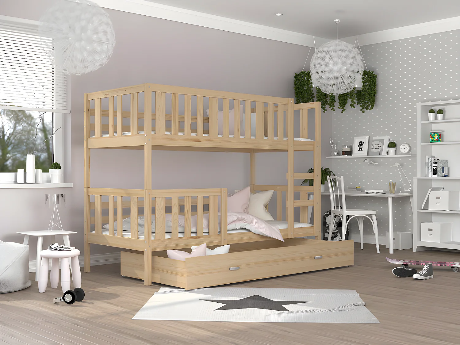 Lit  superposé enfant NEMO 90X190 cm -  2 Sommiers et Tiroir inclus Pin