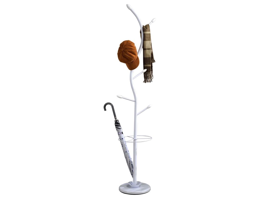 vente unique Porte-manteaux TRIANA portant à vêtements sur pied en forme d'arbre avec 6 crochets et un porte parapluie métal laqué blanc et bois