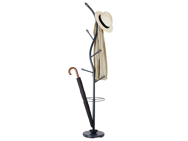 Porte-manteaux TRIANA portant à vêtements sur pied en forme d'arbre avec 6 crochets et un porte parapluie, métal laqué gris et bois