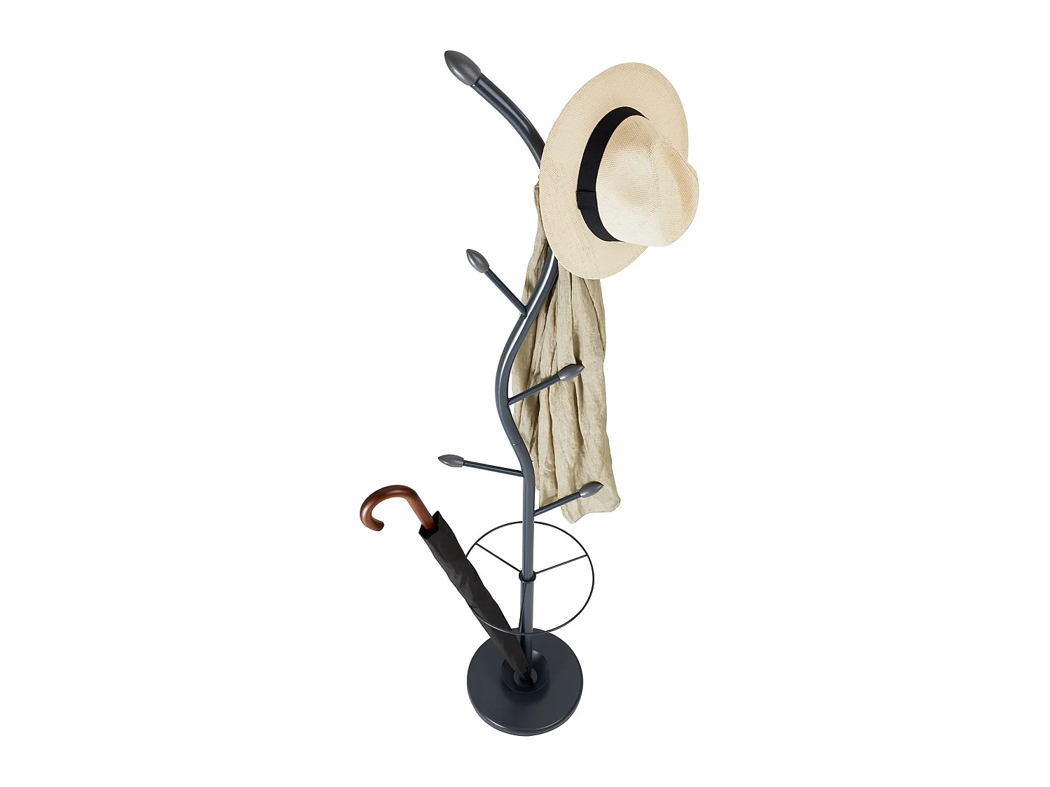 Porte-manteaux TRIANA portant à vêtements sur pied en forme d'arbre avec 6 crochets et un porte parapluie, métal laqué gris et bois