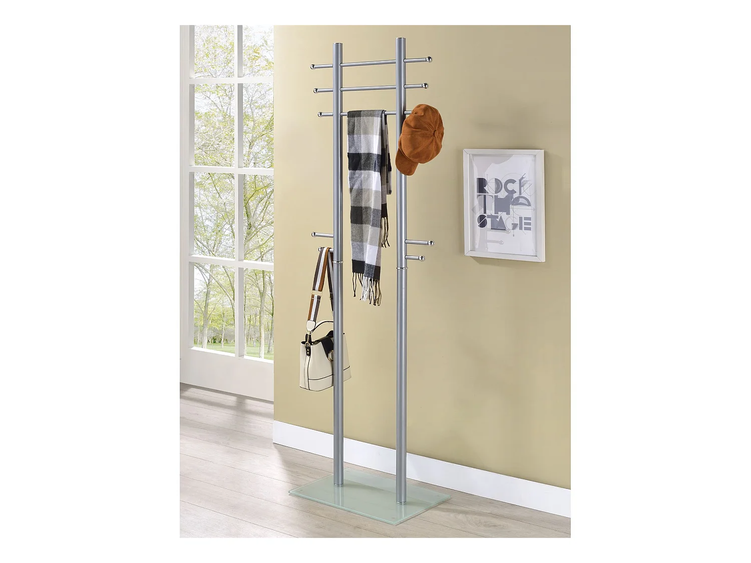 Porte-manteaux TARIS portant à vêtements penderie sur pied avec 10 crochets et 3 tringles hauteur 179 cm, en métal couleur aluminium