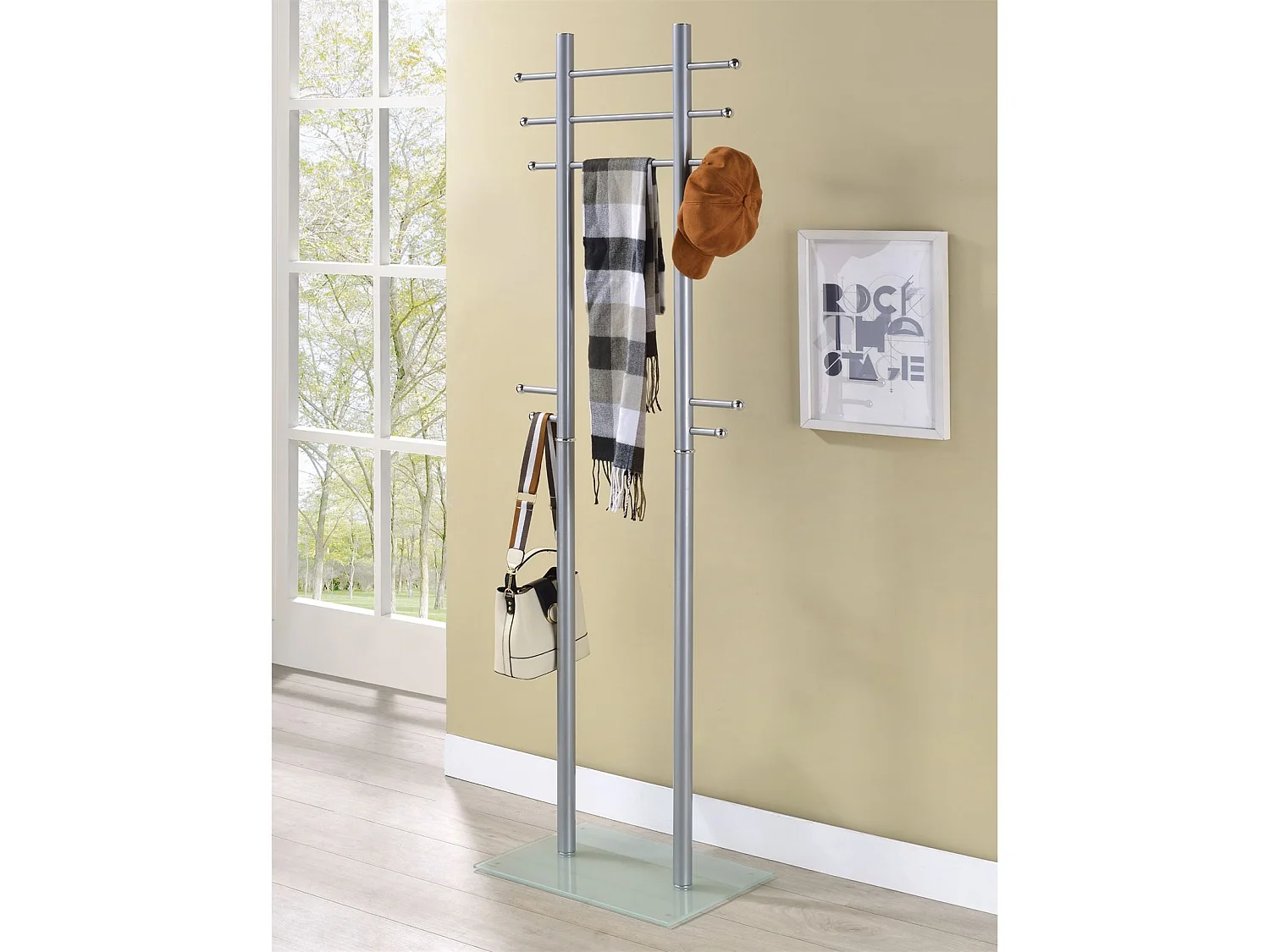 Porte-manteaux TARIS portant à vêtements penderie sur pied avec 10 crochets et 3 tringles hauteur 179 cm, en métal couleur aluminium