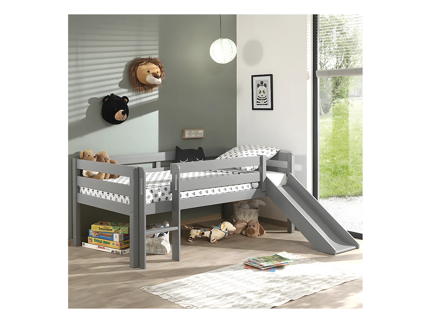 Lit Enfant Surélevé & Toboggan "Pino" 90x200cm Gris