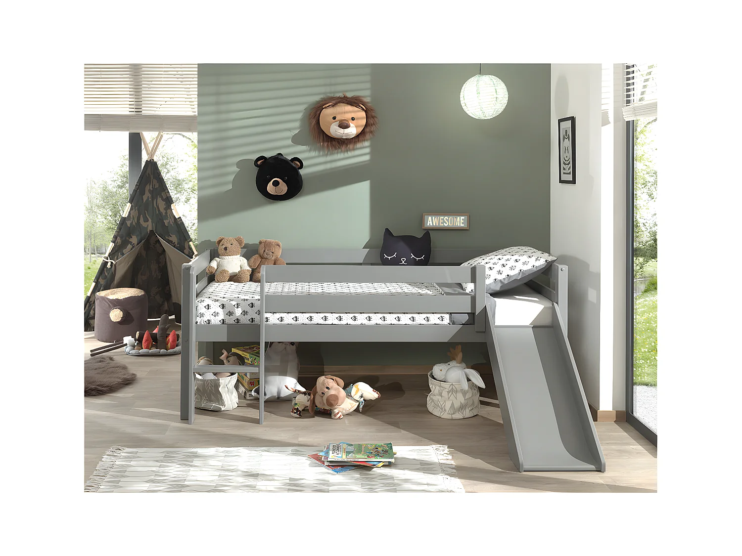 Lit Enfant Surélevé & Toboggan "Pino" 90x200cm Gris