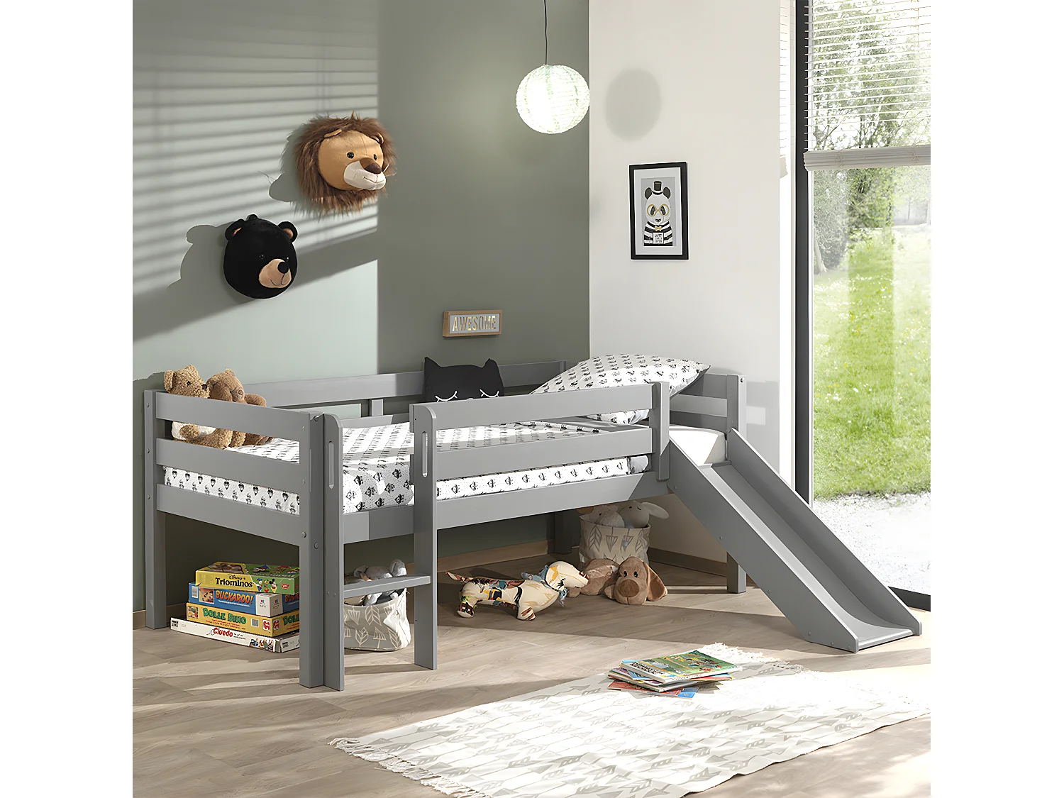 Cama de meia altura 90x200 com escorrega e base de ripas Vipack Pino Cinzento