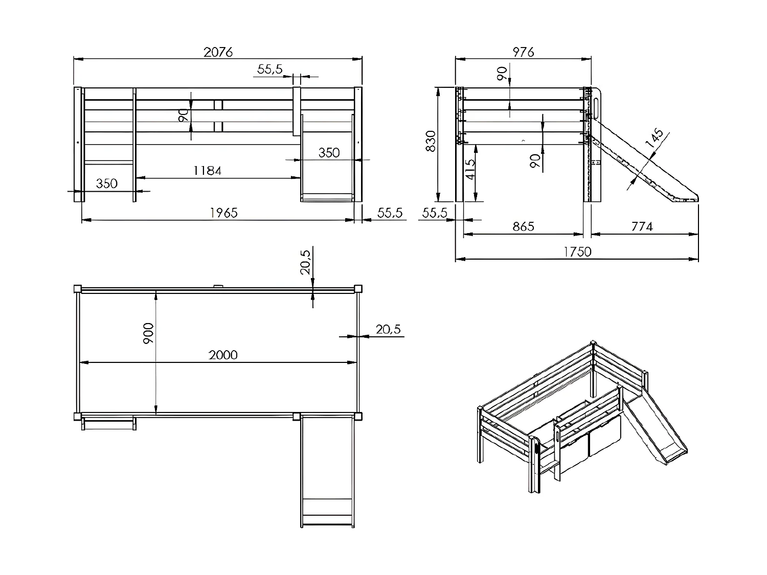 Cama de meia altura 90x200 com escorrega e base de ripas Vipack Pino Cinzento