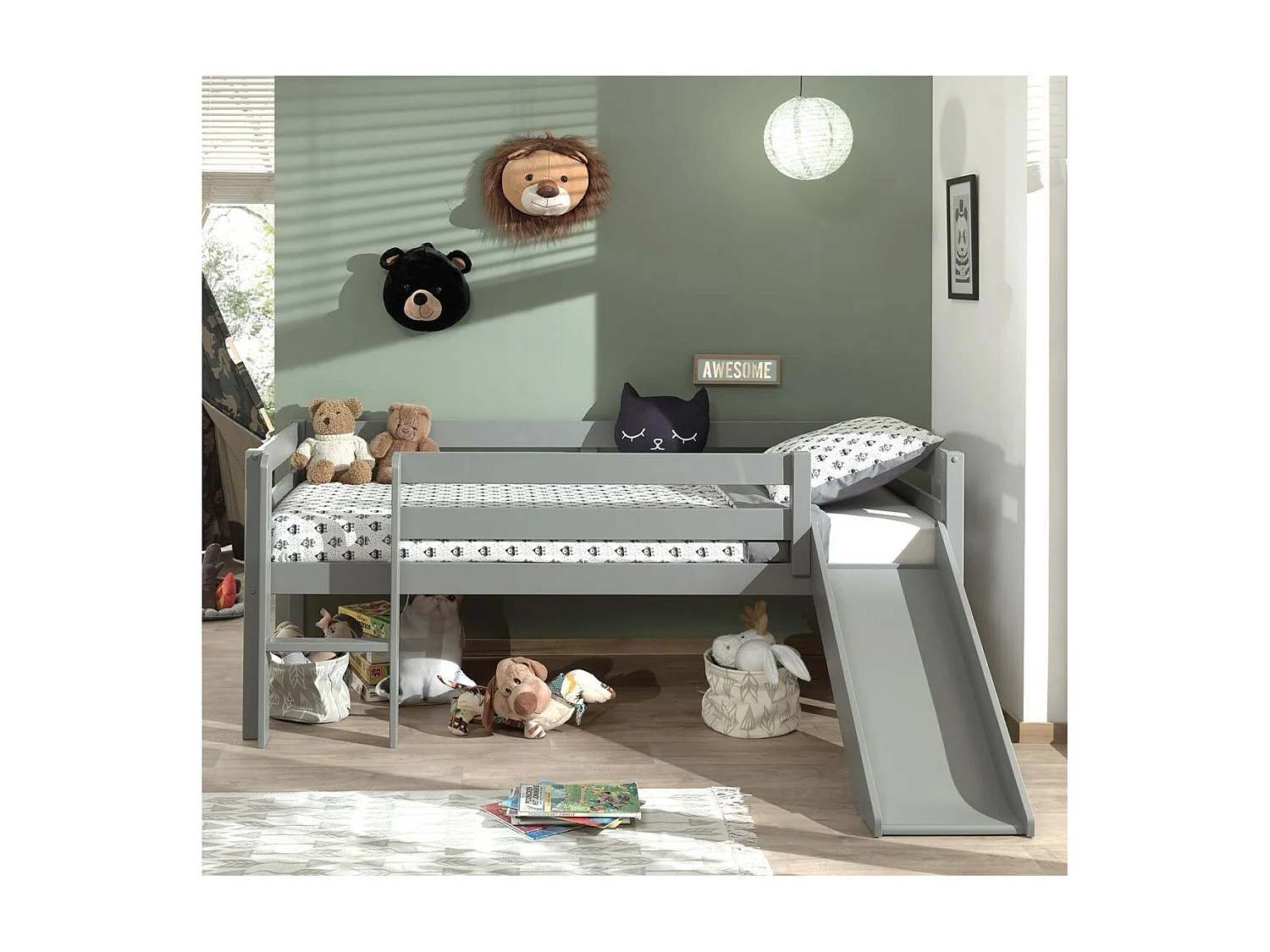 Lit Enfant Surélevé & Toboggan "Pino" 90x200cm Gris