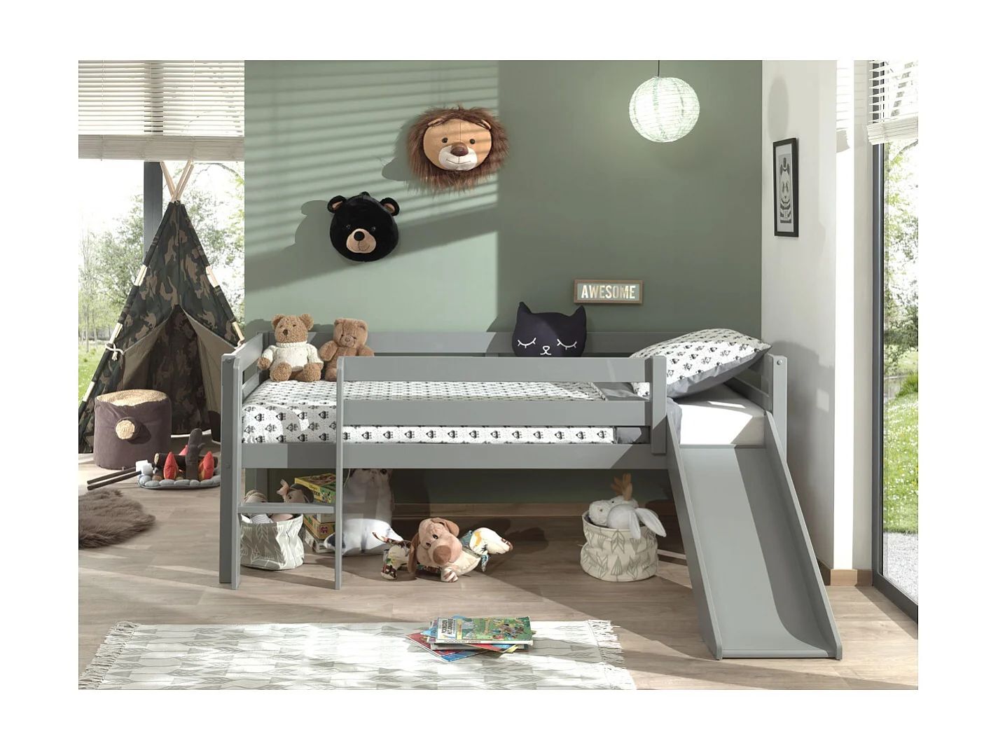 Lit Enfant Surélevé & Toboggan "Pino" 90x200cm Gris