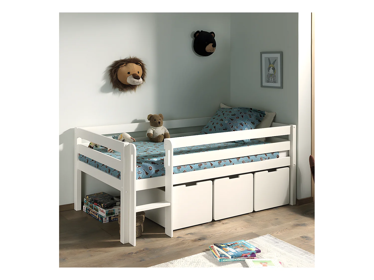 Pack - Lit Enfant Surélevé & 3 Tiroirs "Pino" 90x200cm Blanc