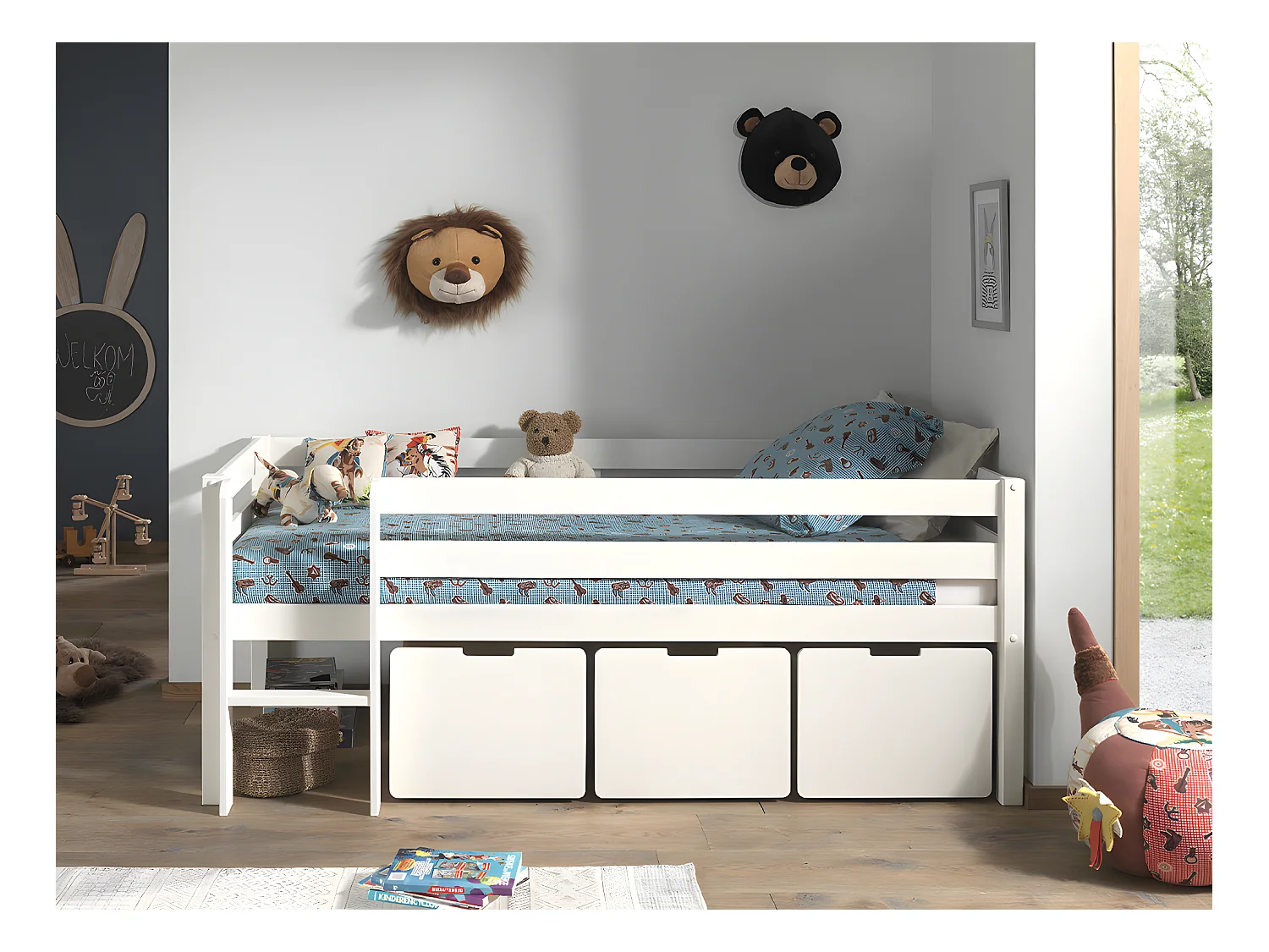 Pack - Lit Enfant Surélevé & 3 Tiroirs "Pino" 90x200cm Blanc