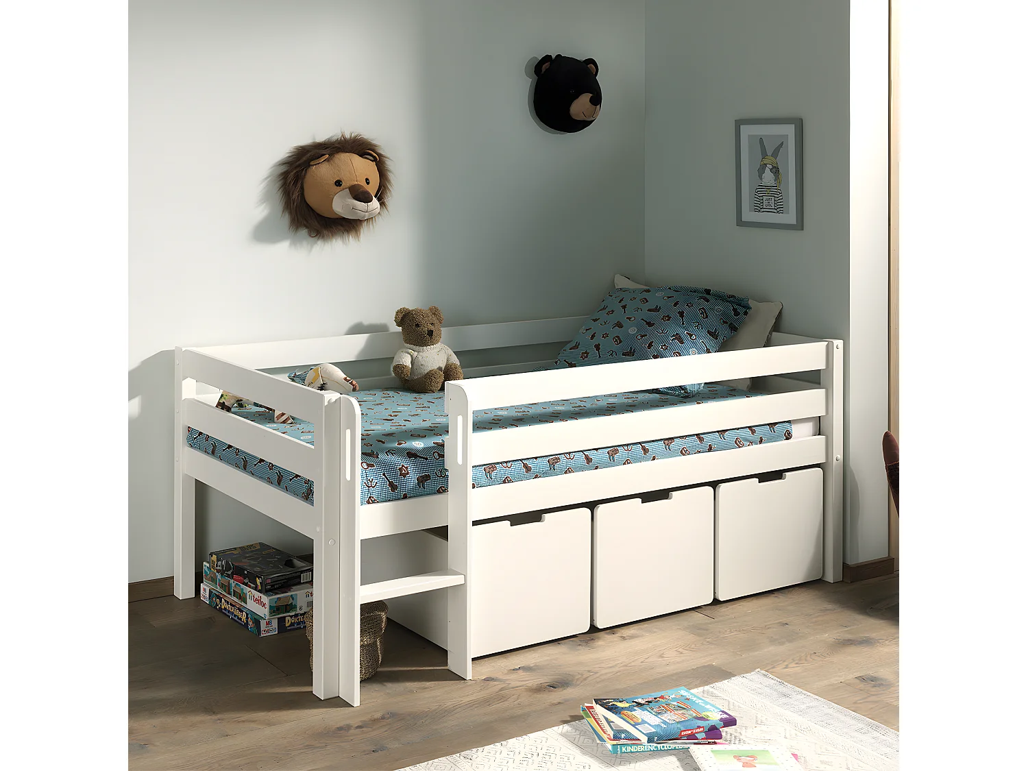 Pack - Lit Enfant Surélevé & 3 Tiroirs "Pino" 90x200cm Blanc