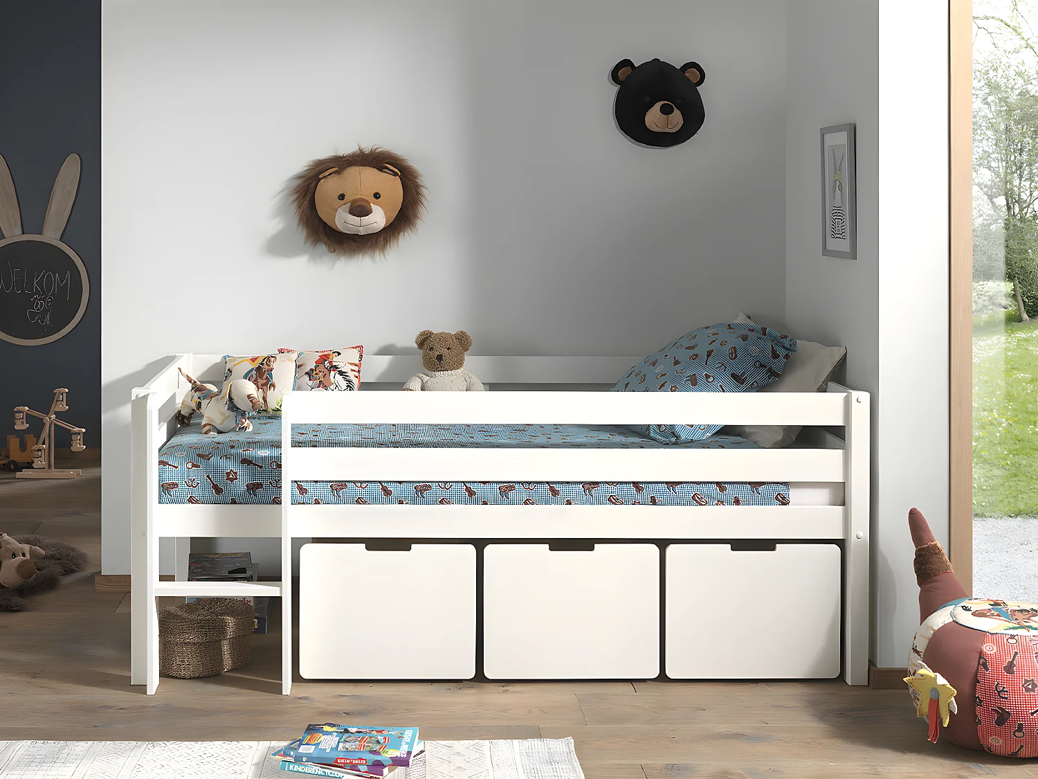 Pack - Lit Enfant Surélevé & 3 Tiroirs "Pino" 90x200cm Blanc