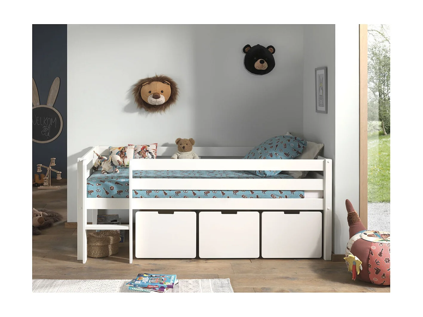 Cama de meia altura Vipack Pino 90x200, incluindo estrado e gavetas, Branco