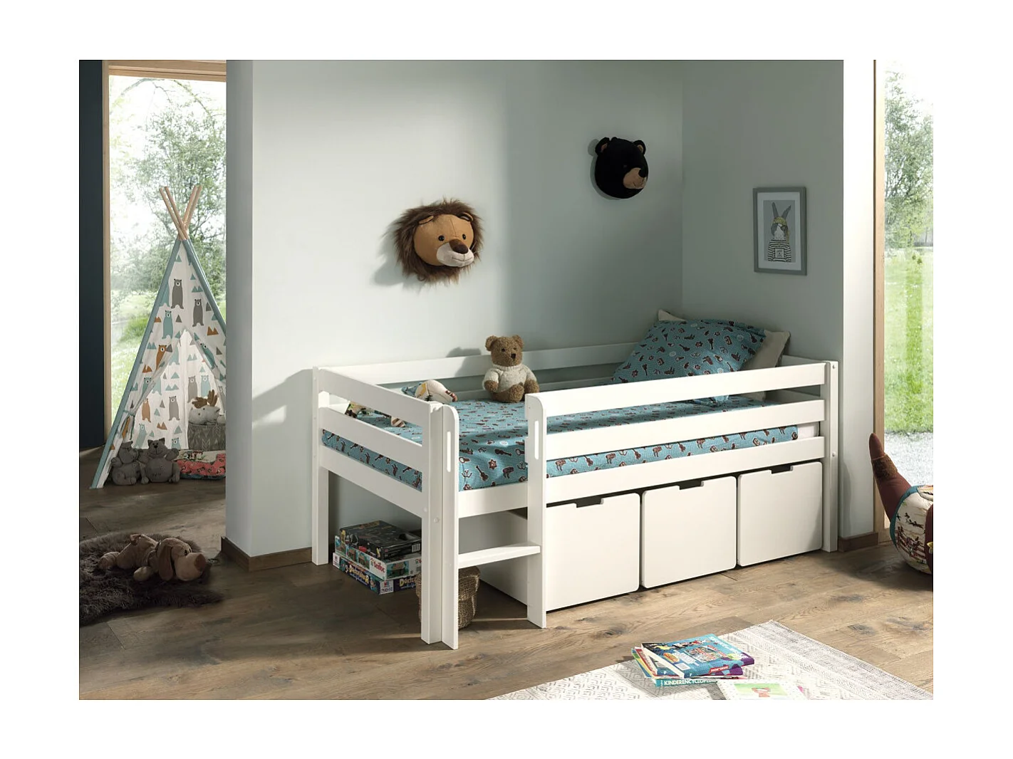 Cama de meia altura Vipack Pino 90x200, incluindo estrado e gavetas, Branco