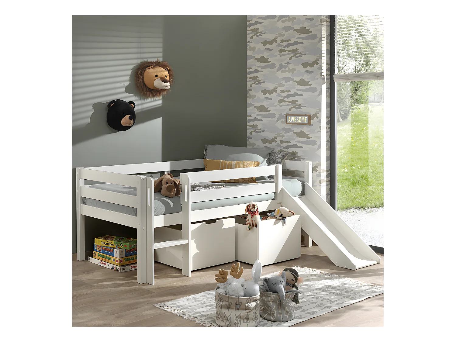 Pack - Lit Enfant Surélevé & 2 Tiroirs "Pino" Blanc