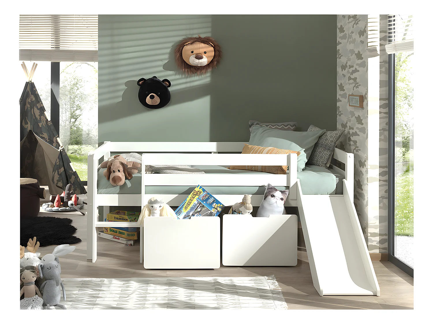 Pack - Lit Enfant Surélevé & 2 Tiroirs "Pino" Blanc