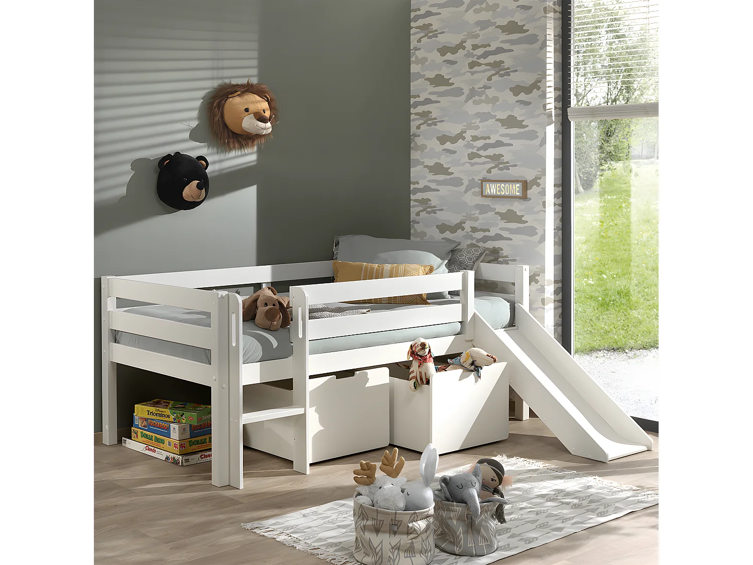 Pack - Lit Enfant Surélevé & 2 Tiroirs "Pino" Blanc