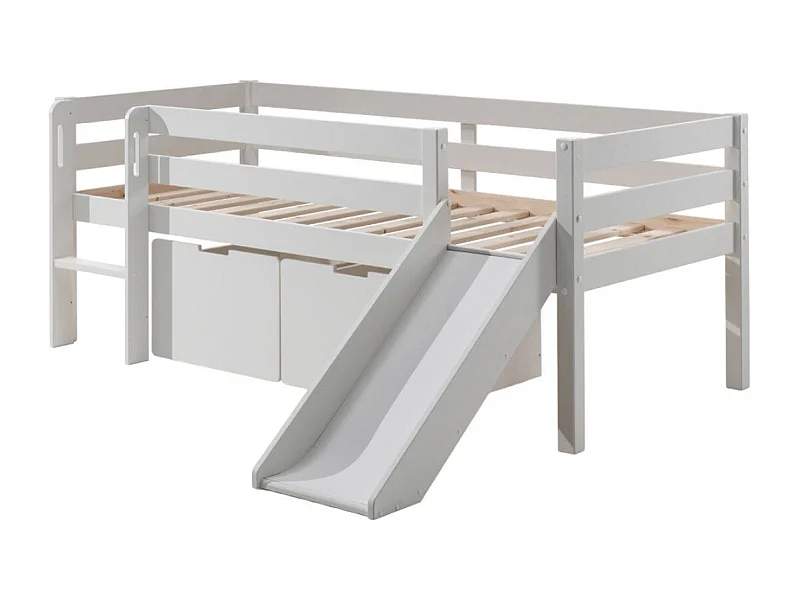 Vipack Pino 90x200 Cama de meia altura com escorrega, estrado de molas e gavetas Branco