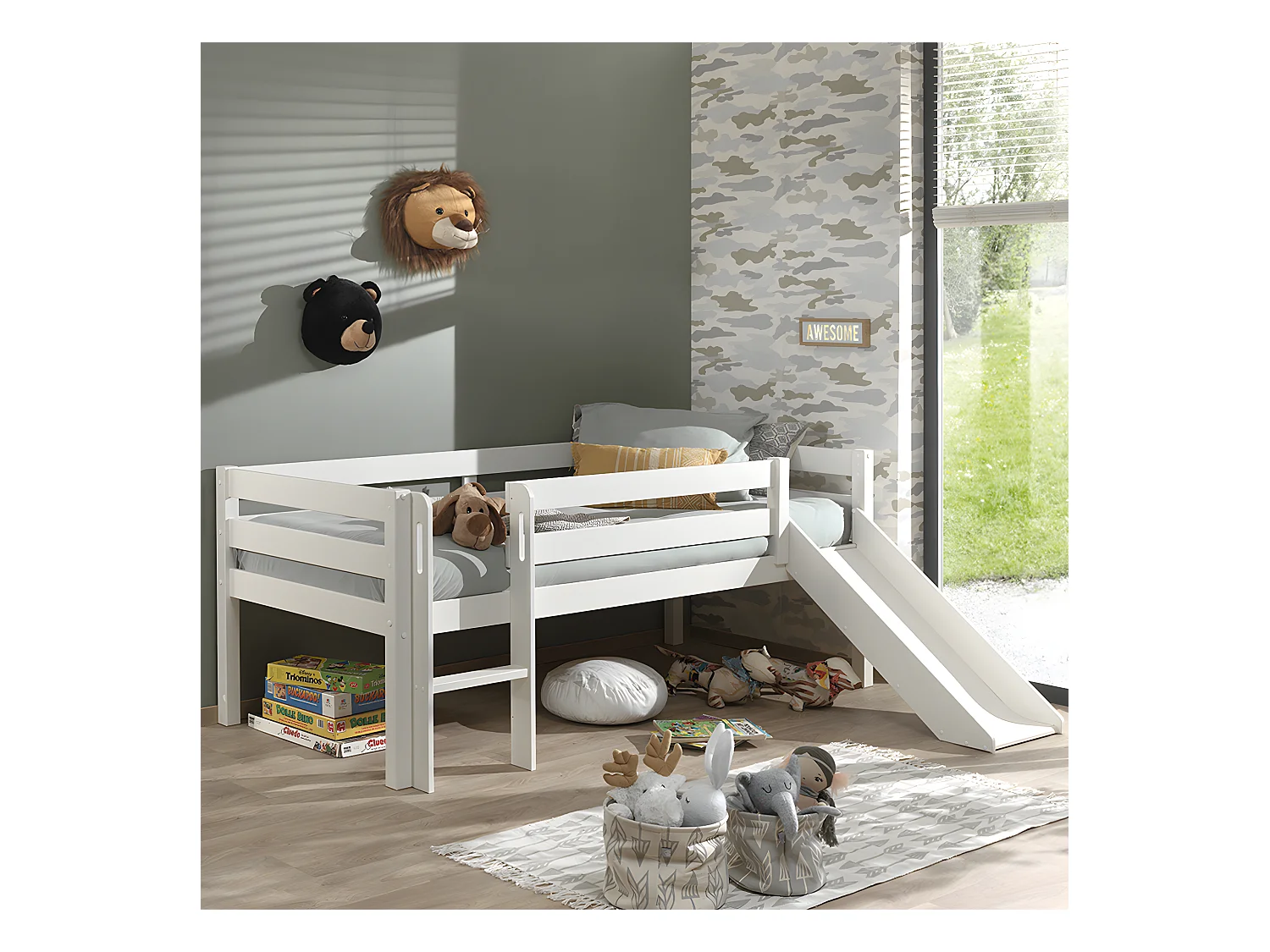Lit Enfant Surélevé & Toboggan "Pino" 90x200cm Blanc