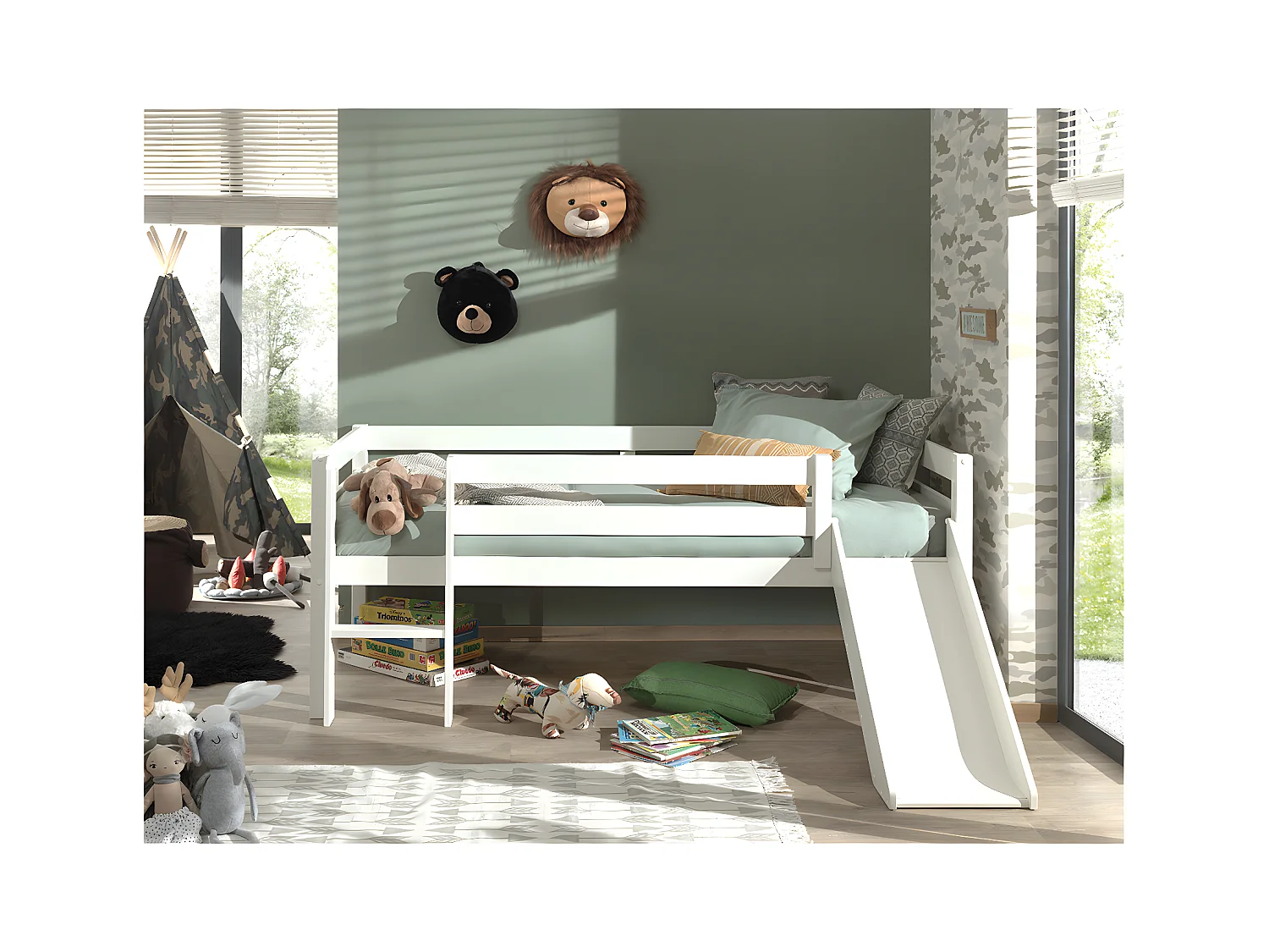 Lit Enfant Surélevé & Toboggan "Pino" 90x200cm Blanc
