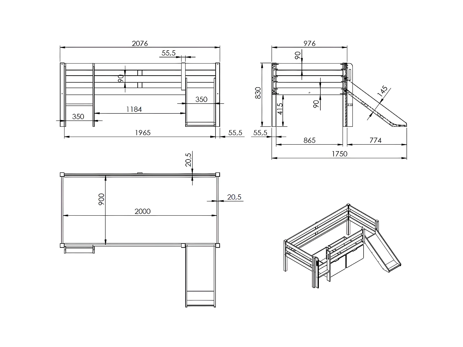 Lit Enfant Surélevé & Toboggan "Pino" 90x200cm Blanc