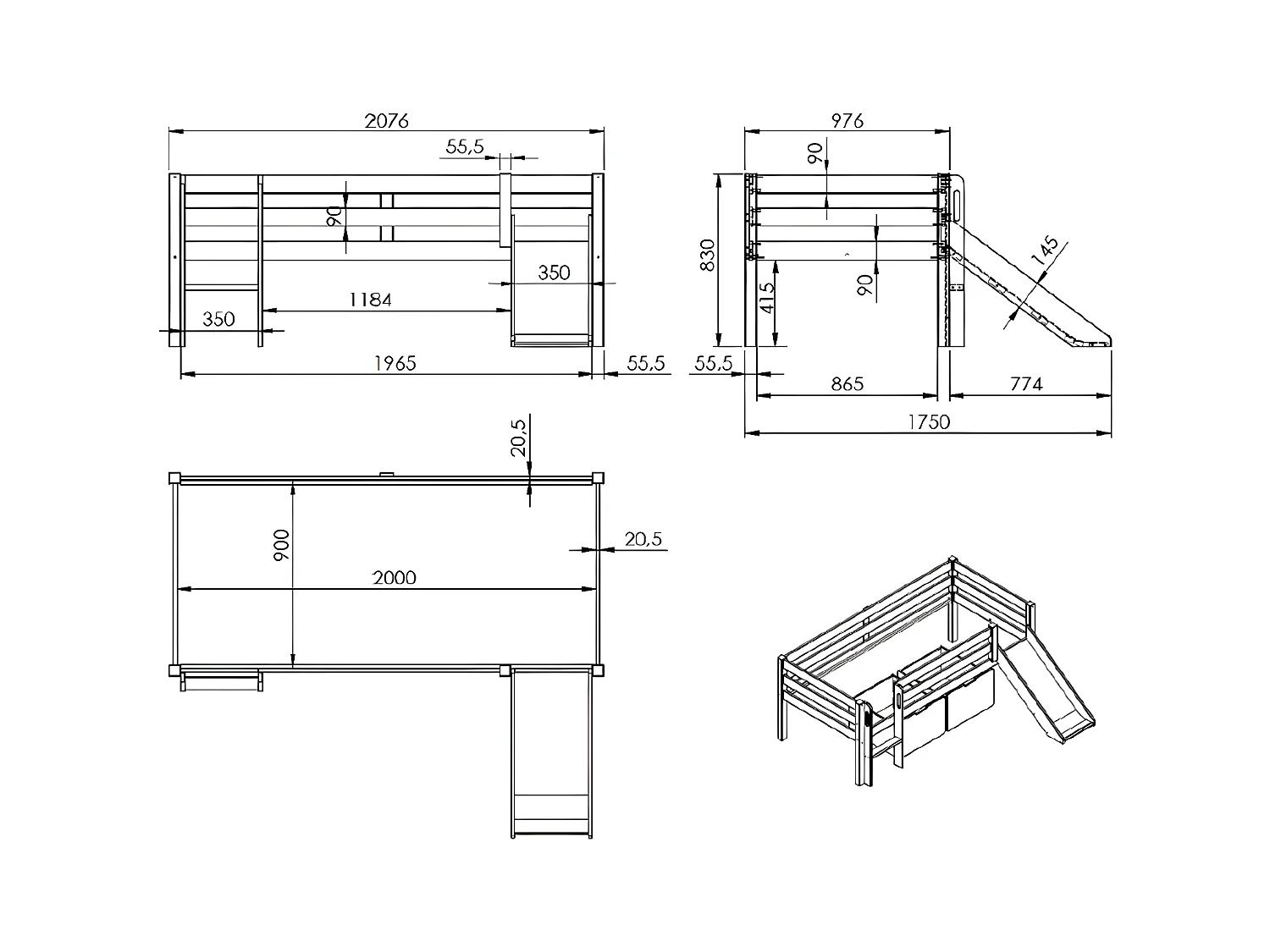 Lit Enfant Surélevé & Toboggan "Pino" 90x200cm Blanc