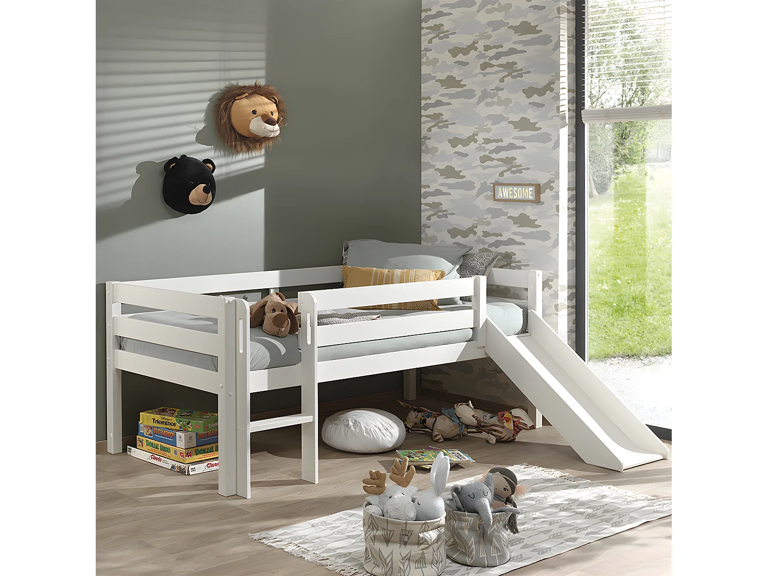 Lit Enfant Surélevé & Toboggan "Pino" 90x200cm Blanc