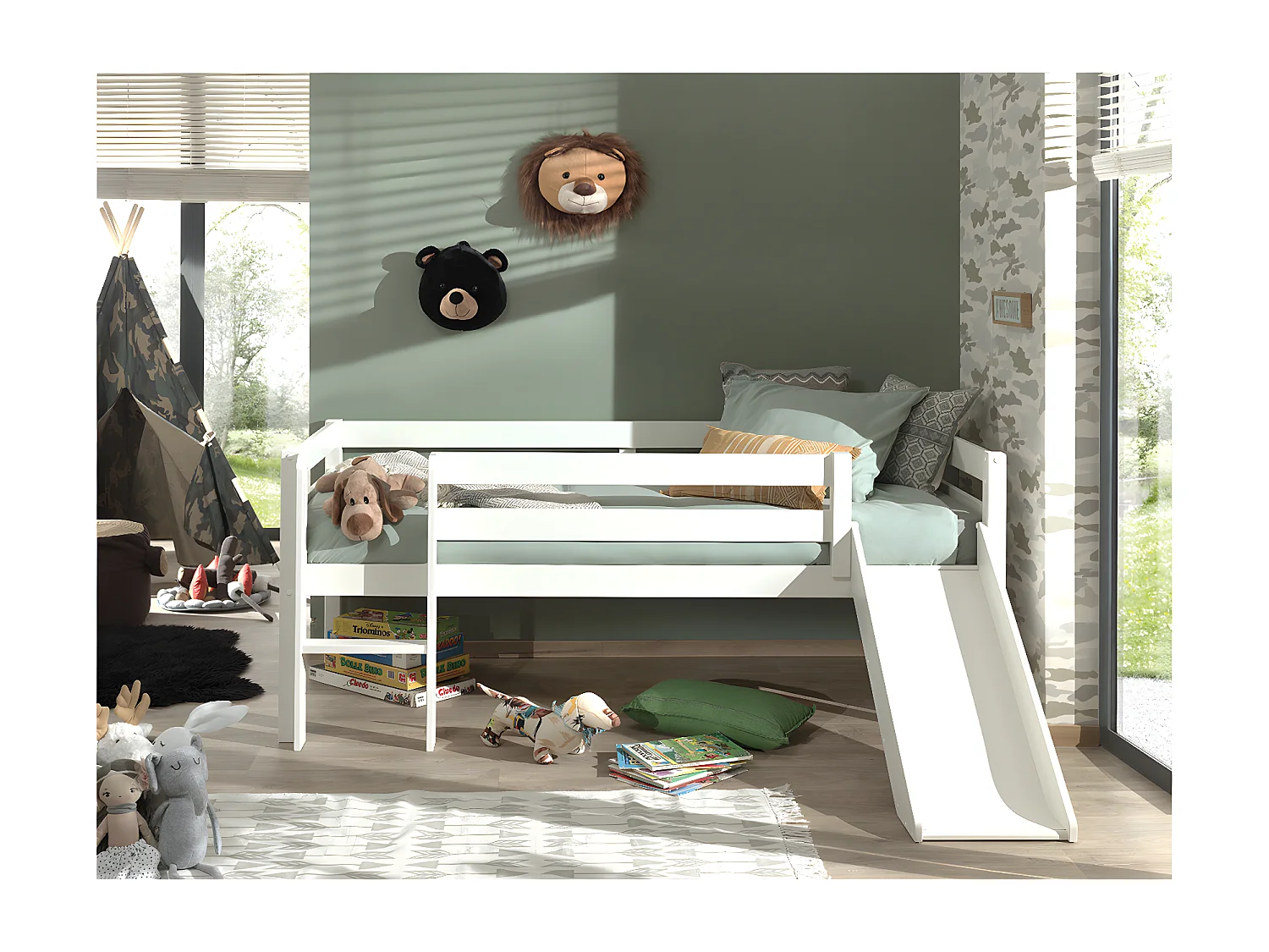 Lit Enfant Surélevé & Toboggan "Pino" 90x200cm Blanc