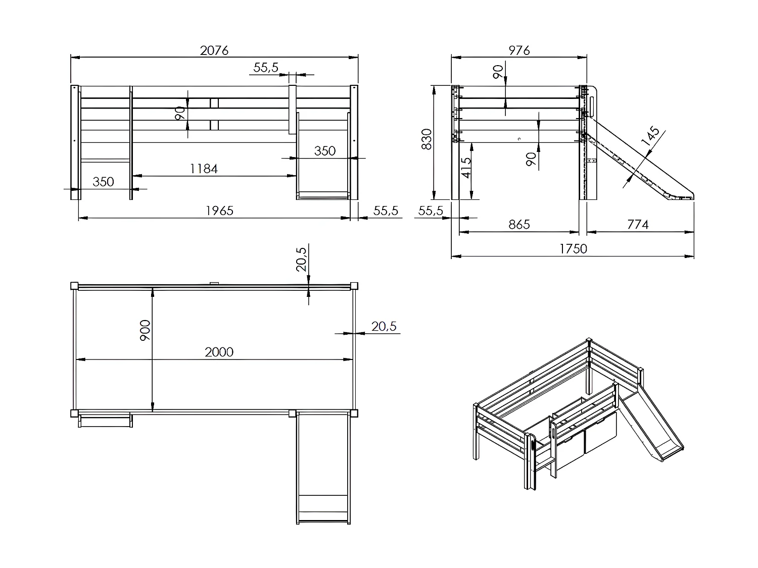 Lit Enfant Surélevé & Toboggan "Pino" 90x200cm Blanc