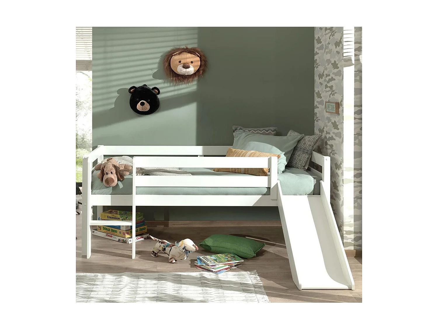 Lit Enfant Surélevé & Toboggan "Pino" 90x200cm Blanc