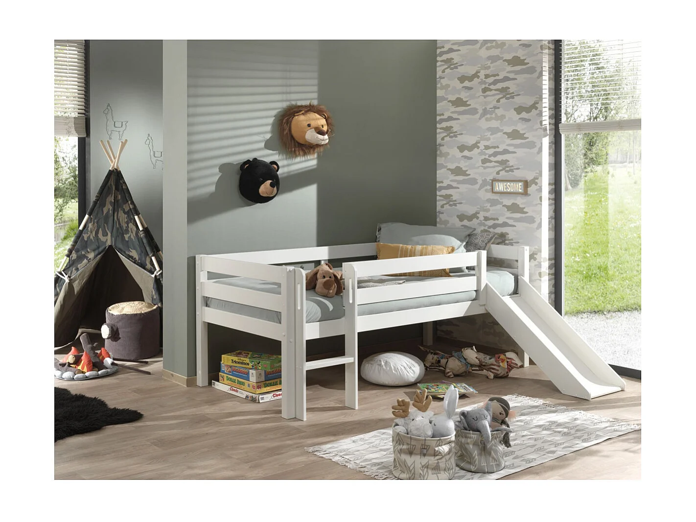 Lit Enfant Surélevé & Toboggan "Pino" 90x200cm Blanc