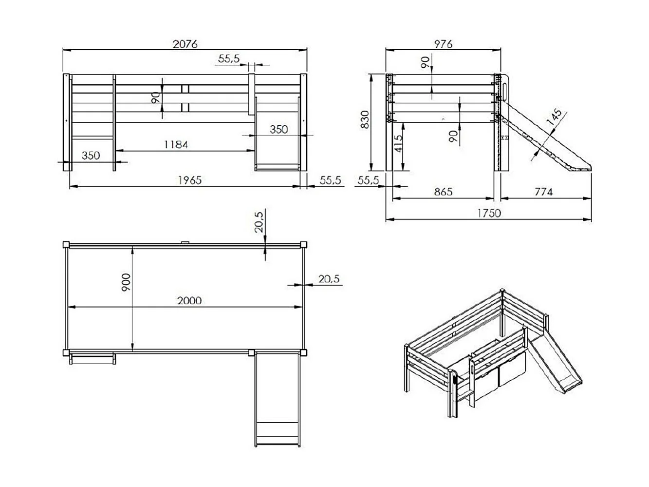 Lit Enfant Surélevé & Toboggan "Pino" 90x200cm Blanc