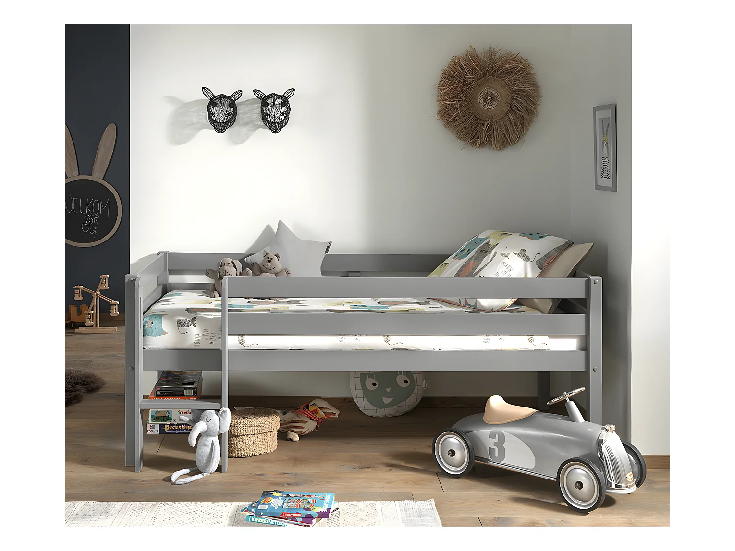 Lit Enfant Surélevé & Échelle "Pino" 90x200cm Gris