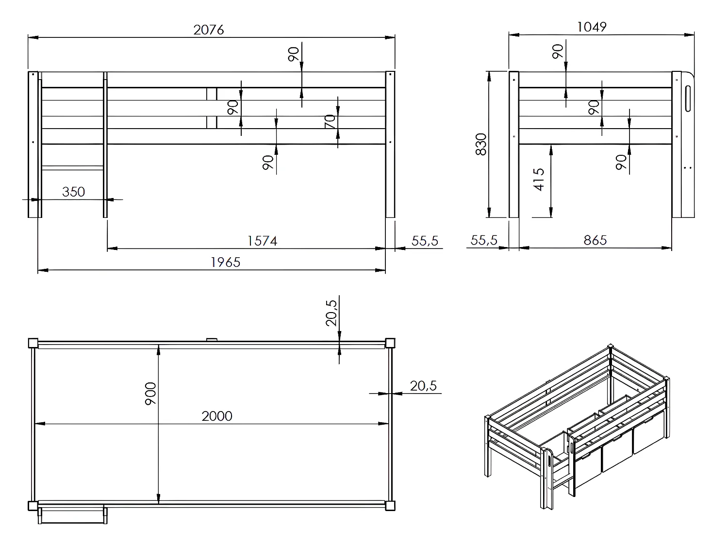 Cama Meia Altura Base Ripas PETITSMEUBLES Cinzento (90x200)