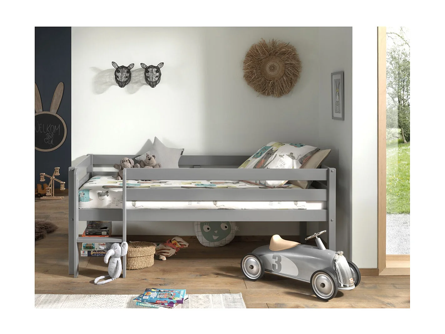 Lit Enfant Surélevé & Échelle "Pino" 90x200cm Gris