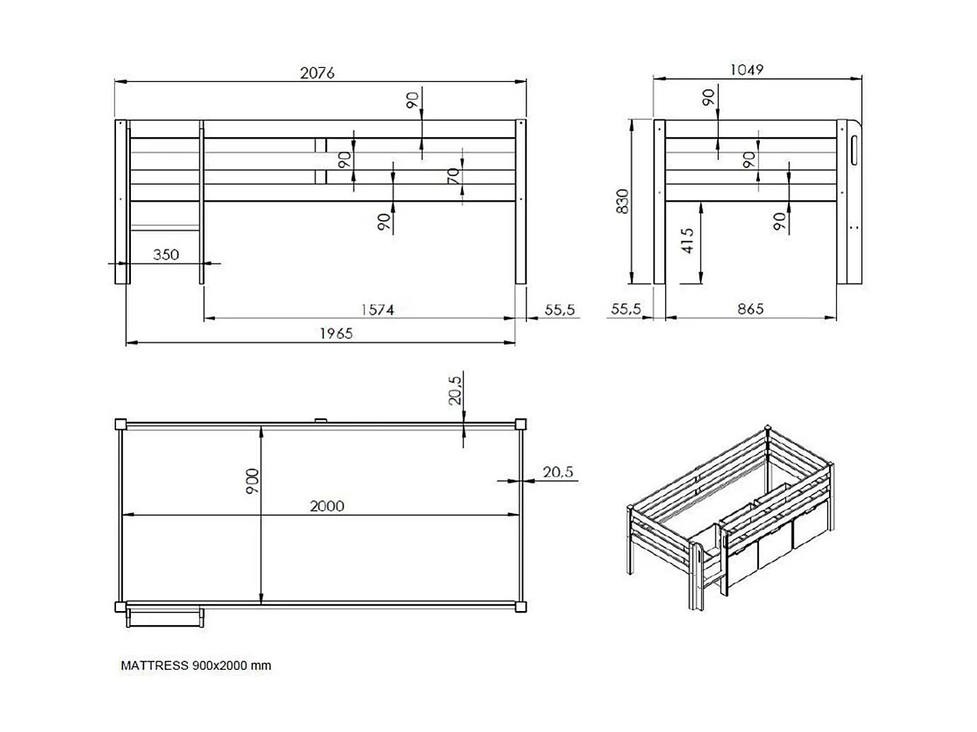 Lit Enfant Surélevé & Échelle "Pino" 90x200cm Gris