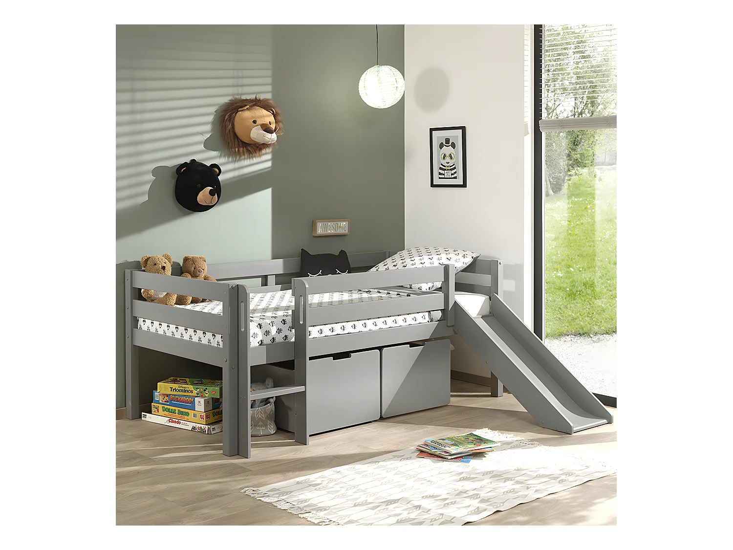 Pack - Lit Enfant Surélevé & 2 Tiroirs "Pino" 90x200cm Blanc