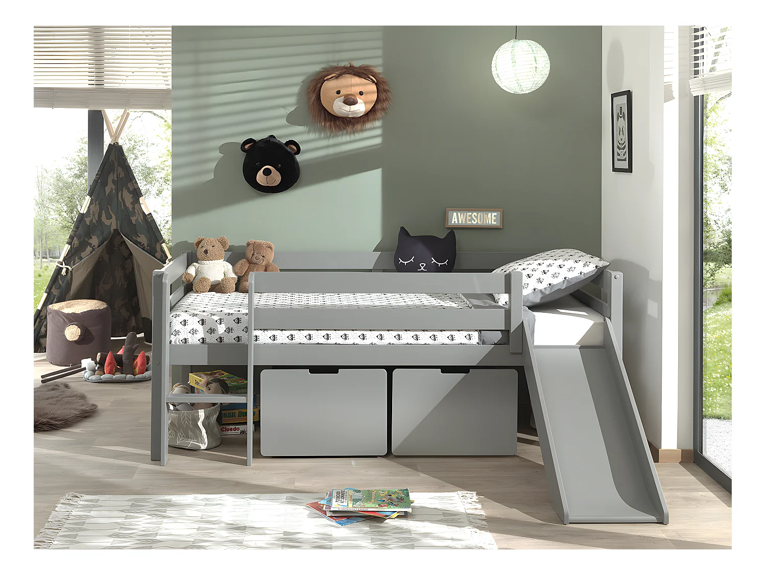 Pack - Lit Enfant Surélevé & 2 Tiroirs "Pino" 90x200cm Blanc