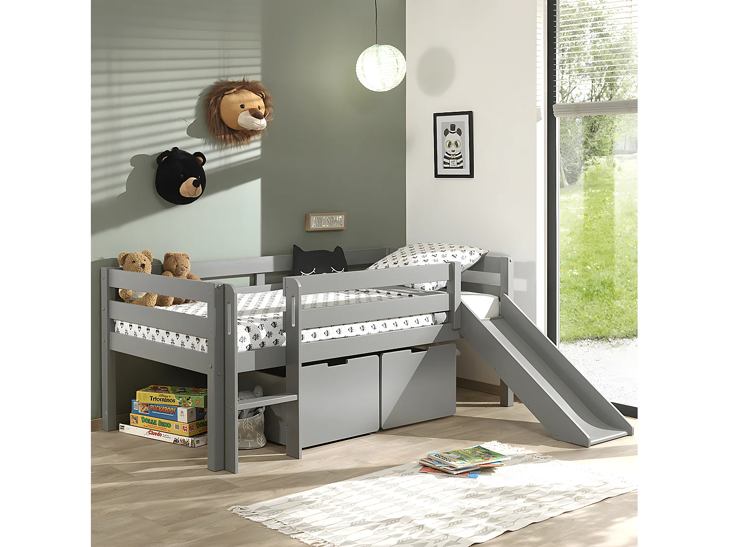 Pack - Lit Enfant Surélevé & 2 Tiroirs "Pino" 90x200cm Blanc