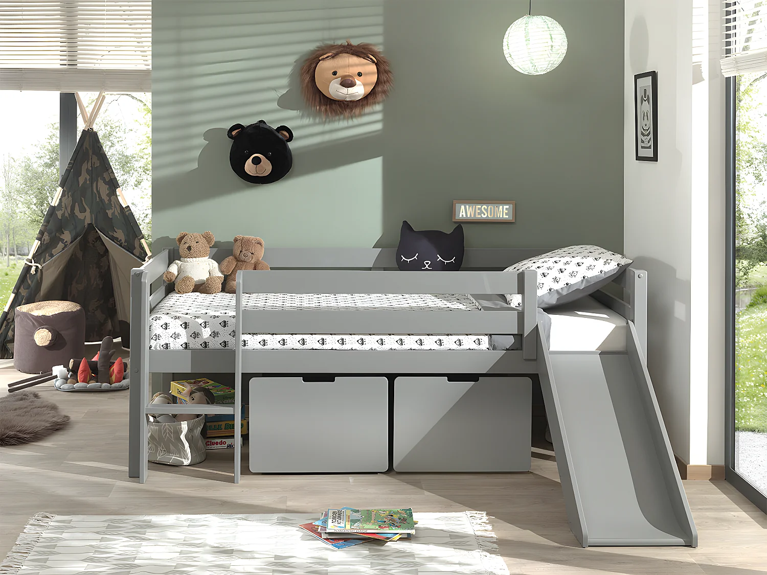 Pack - Lit Enfant Surélevé & 2 Tiroirs "Pino" 90x200cm Blanc