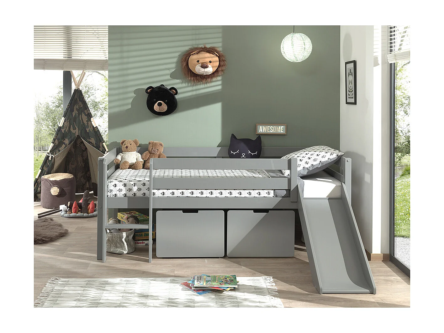 Pack - Lit Enfant Surélevé & 2 Tiroirs "Pino" 90x200cm Blanc