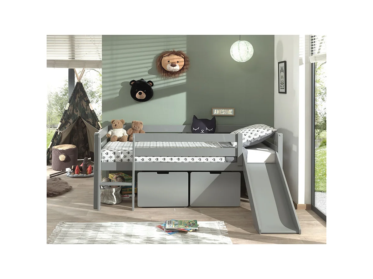 Cama de media altura 90x200 con tobogán, somier y cajones Vipack Pino Gris