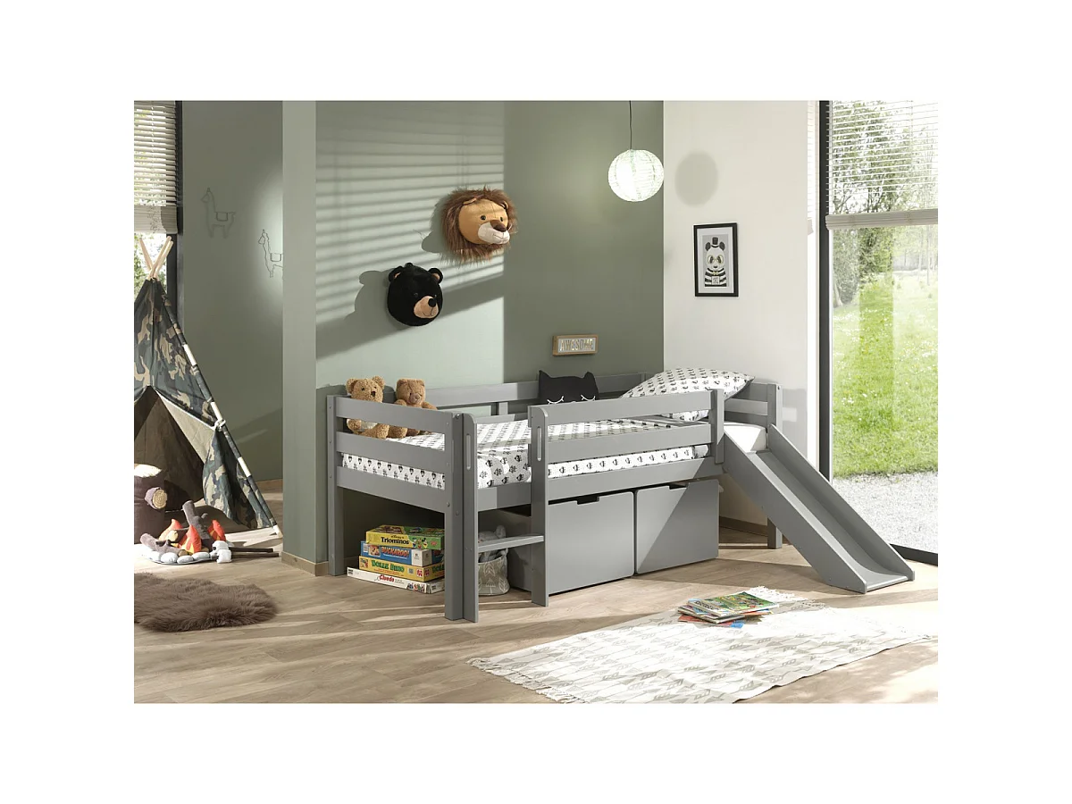 Cama de media altura 90x200 con tobogán, somier y cajones Vipack Pino Gris